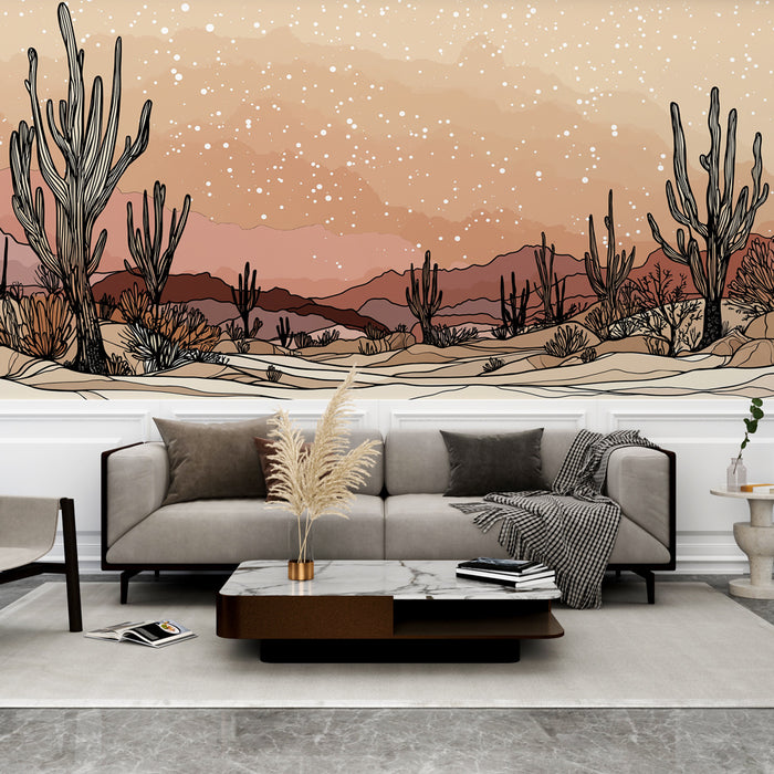 Un salon moderne avec un papier peint représentant un paysage désertique aux teintes douces de rose et beige, évoquant une atmosphère sereine et chaleureuse.