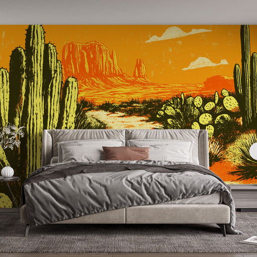 Papier peint désert avec paysage coloré de cactus et montagnes sous un ciel orange pour chambre moderne.