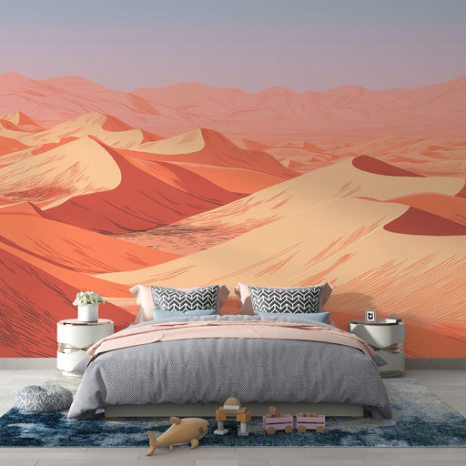 Une chambre moderne avec un papier peint représentant des dunes de sable aux teintes chaudes orange et beige, créant une ambiance chaleureuse et apaisante.