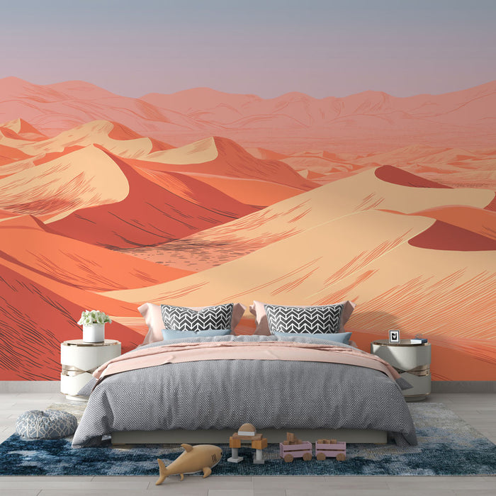 Une chambre moderne avec un papier peint représentant des dunes de sable aux teintes chaudes orange et beige, créant une ambiance chaleureuse et apaisante.
