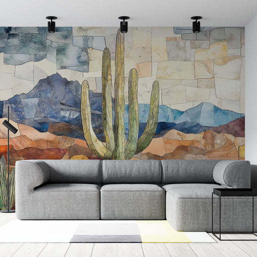 Papier peint désert avec cactus et montagnes colorées pour salon moderne