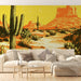 Papier peint désert avec paysage désertique, cactus et montagnes pour salon moderne.
