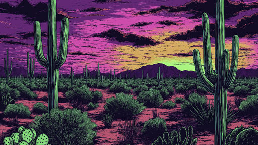 Papier peint désert Paysage désertique coloré avec cactus et ciel vibrant