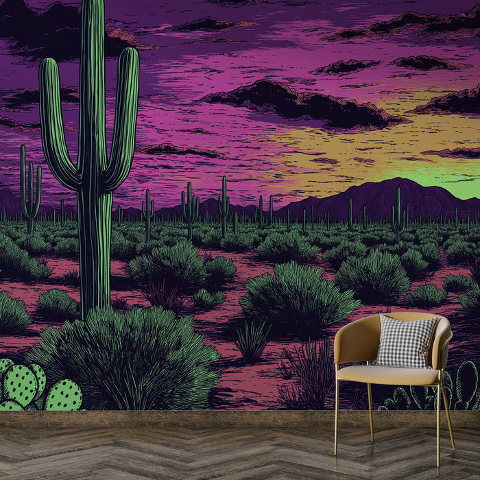 Papier peint désert | Paysage désertique coloré avec cactus et ciel vibrant