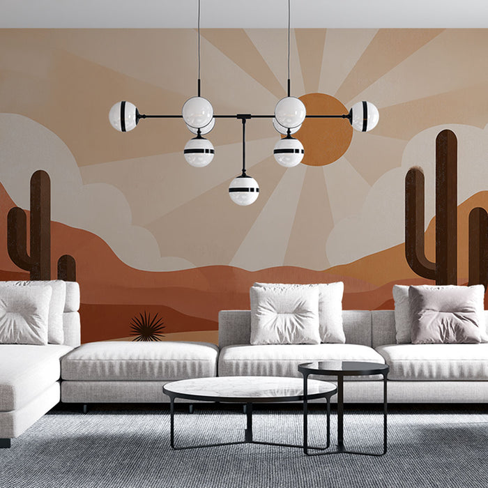 Un salon moderne avec un papier peint désertique aux teintes ocres et motifs de cactus, évoquant une ambiance chaleureuse et accueillante.