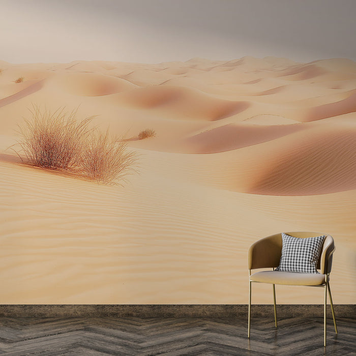 Une pièce moderne avec un papier peint représentant un paysage désertique aux dunes de sable doré, évoquant une atmosphère sereine et apaisante.