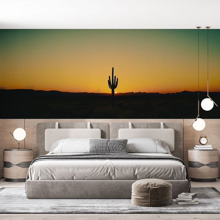 Papier peint désert | Silhouette d'un cactus au coucher de soleil