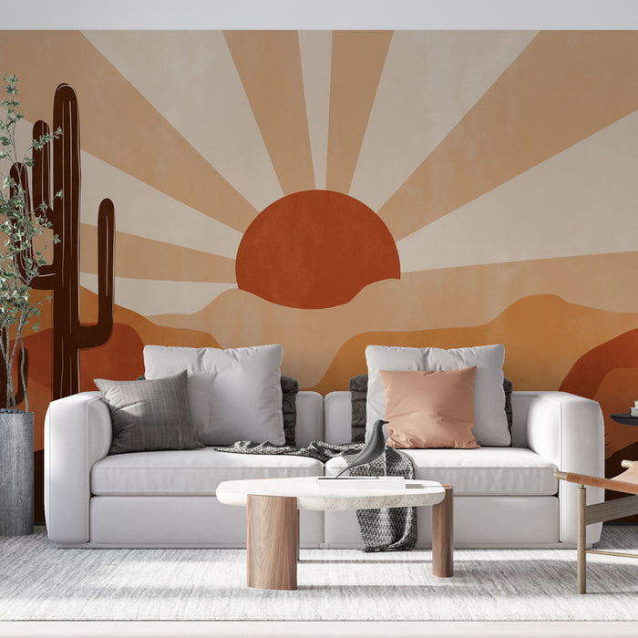 Un salon moderne avec un papier peint représentant un paysage désertique aux teintes chaudes, évoquant une ambiance sereine et accueillante.
