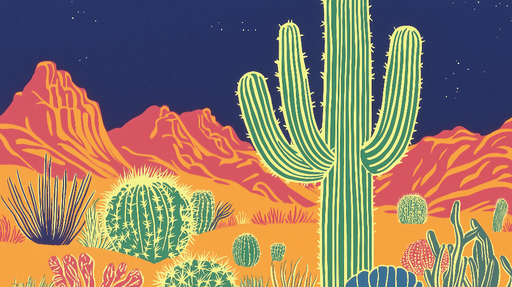 Papier peint désertique Cactus colorés sous un ciel étoilé
