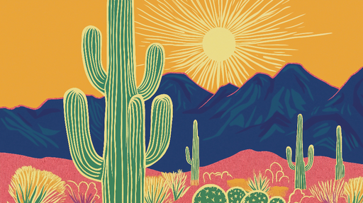 Papier peint désertique Cactus et Montagnes au Couchant