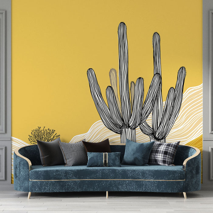Un salon contemporain avec un papier peint jaune vif illustrant des cactus en noir, créant une ambiance chaleureuse et dynamique.