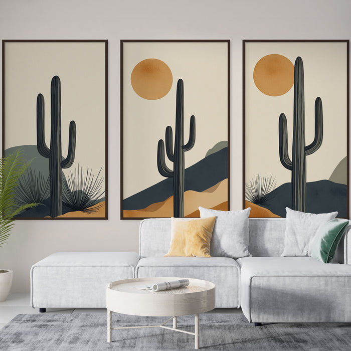 Papier peint désertique imitation tableau | Cactus stylisés sous un soleil orangé