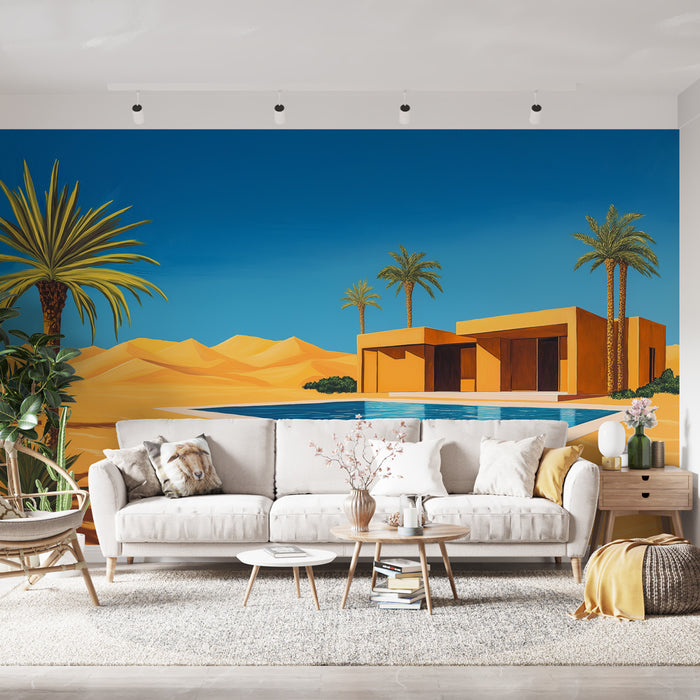 Un salon lumineux avec un papier peint représentant un paysage désertique coloré, mêlant dunes dorées, palmiers et maisons modernes sur fond bleu.