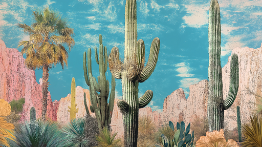 Papier peint désertique Motif de cactus et paysages arides colorés