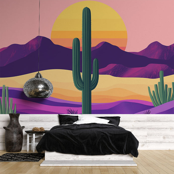 Papier peint désertique | Paysage stylisé avec cactus et lever de soleil