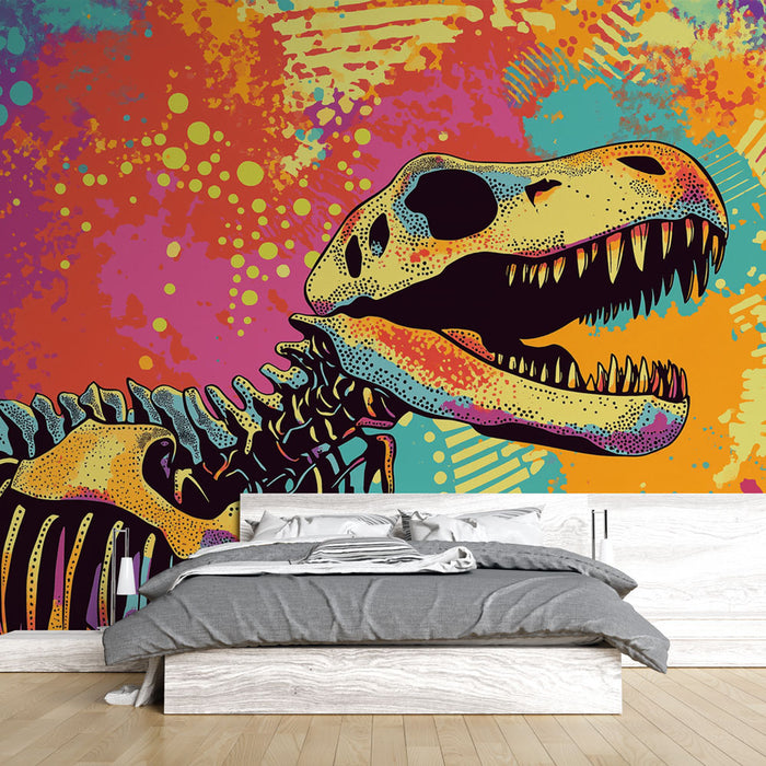 Papier peint dinosaure | Crâne de T-Rex avec un design vibrant