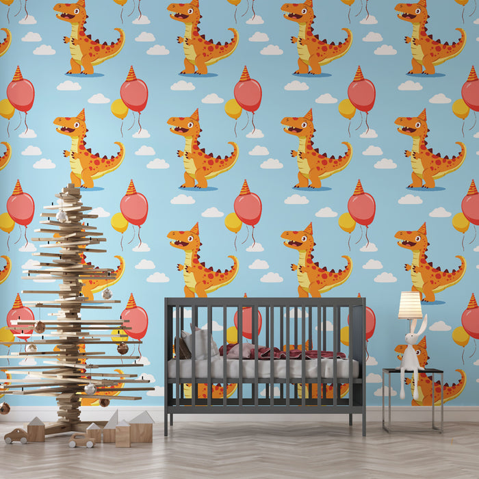 Une chambre d'enfant avec un papier peint ludique représentant des dinosaures joyeux entourés de ballons colorés sur un fond bleu clair, créant une ambiance festive et joyeuse.