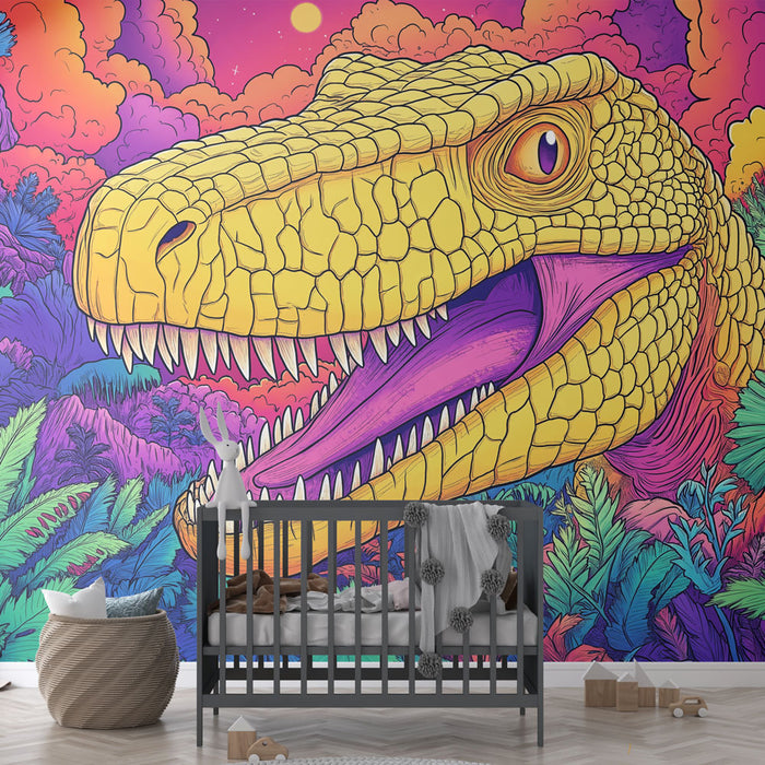 Papier peint dinosaure | Illustration colorée de T-Rex dans un paysage vibrant