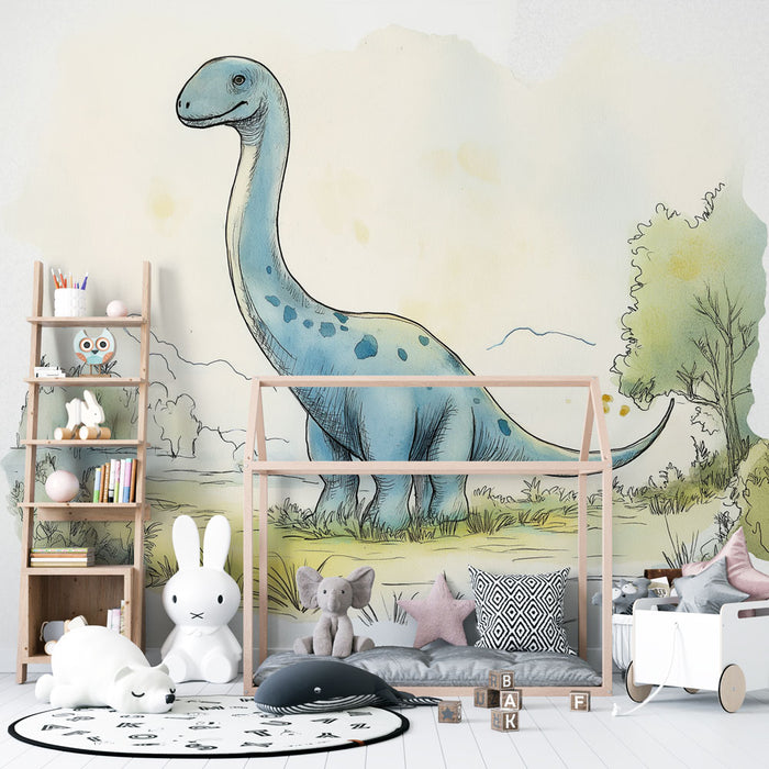 Papier peint dinosaure | Illustration d'un dinosaure bleu dans son habitat naturel