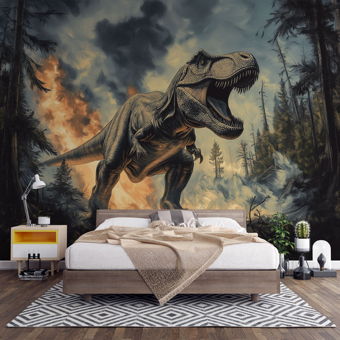 Papier peint dinosaure | Illustration de T-Rex dans un décor apocalyptique