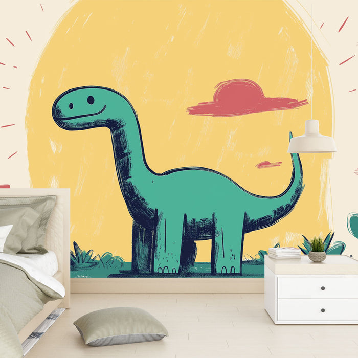 Papier peint dinosaure | Illustration ludique d'un dinosaure dans un paysage coloré