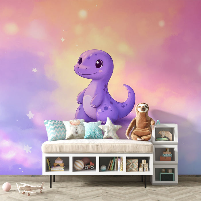 Papier peint dinosaure mignon | Ambiance pastel étoilée