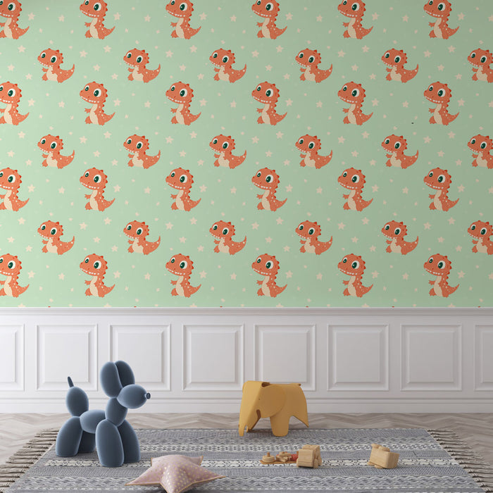 Une chambre d'enfant avec un papier peint ludique représentant des petits dinosaures orange sur un fond vert pastel, créant une atmosphère joyeuse et accueillante.