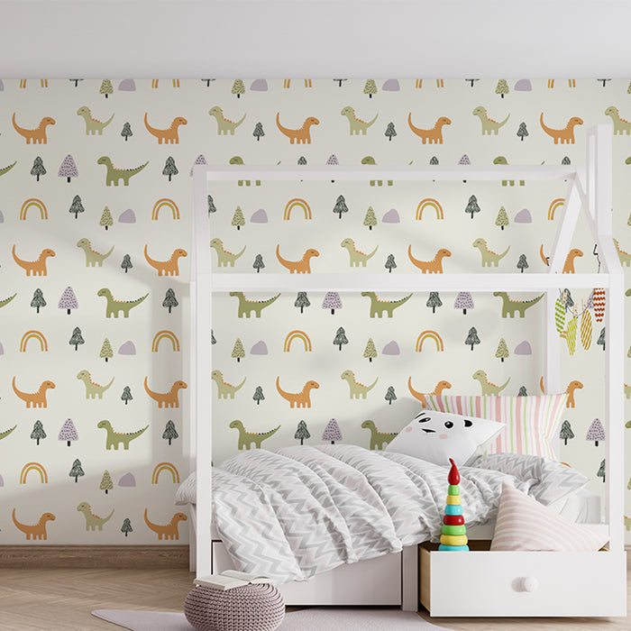 Une chambre d'enfant avec un papier peint ludique représentant des dinosaures colorés, des arbres et des arcs-en-ciel sur fond clair, créant une ambiance joyeuse et imaginative.