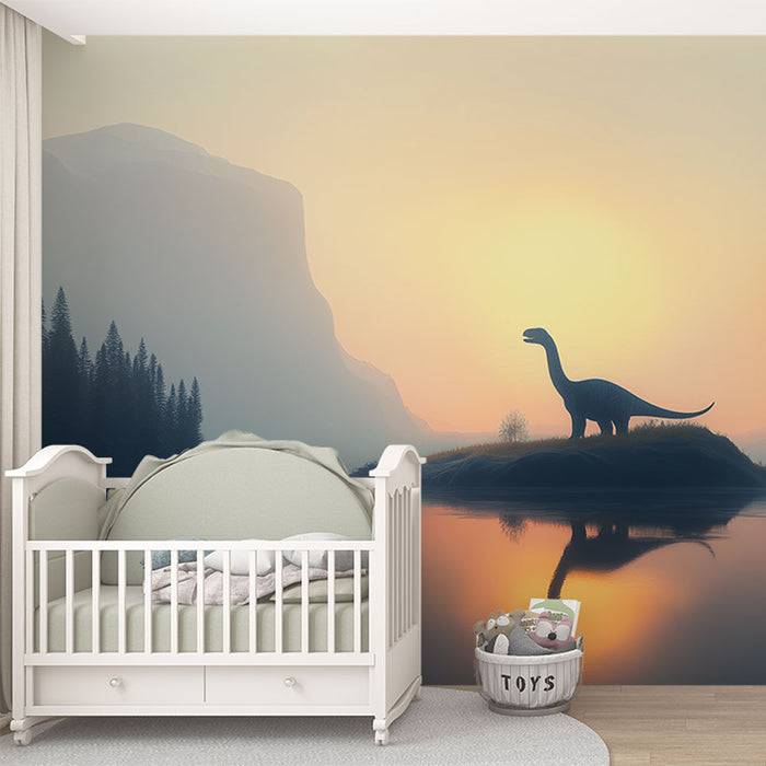 Papier peint dinosaure | Silhouette majestueuse au coucher de soleil