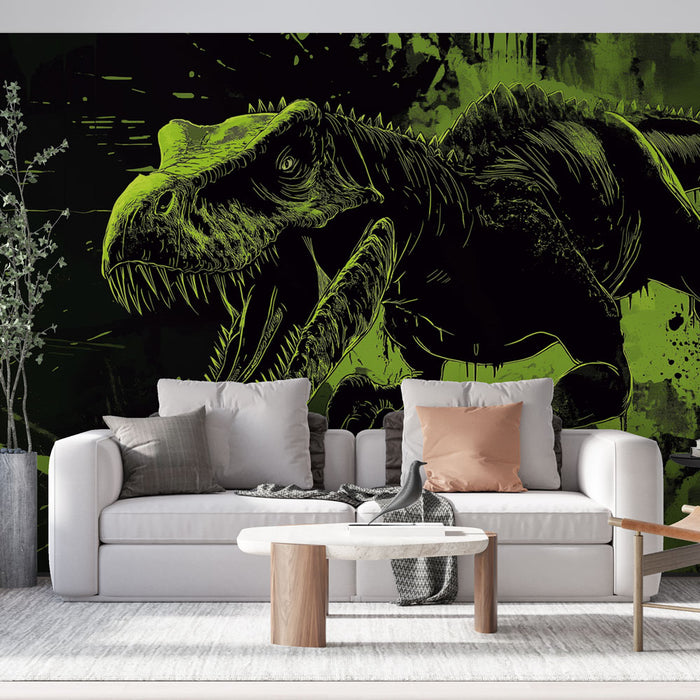 Papier peint dinosaure | T-Rex graphique en vert et noir