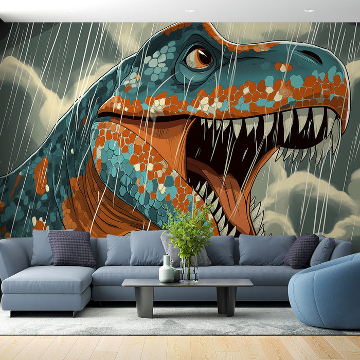 Papier peint dinosaure | T-Rex sous la pluie