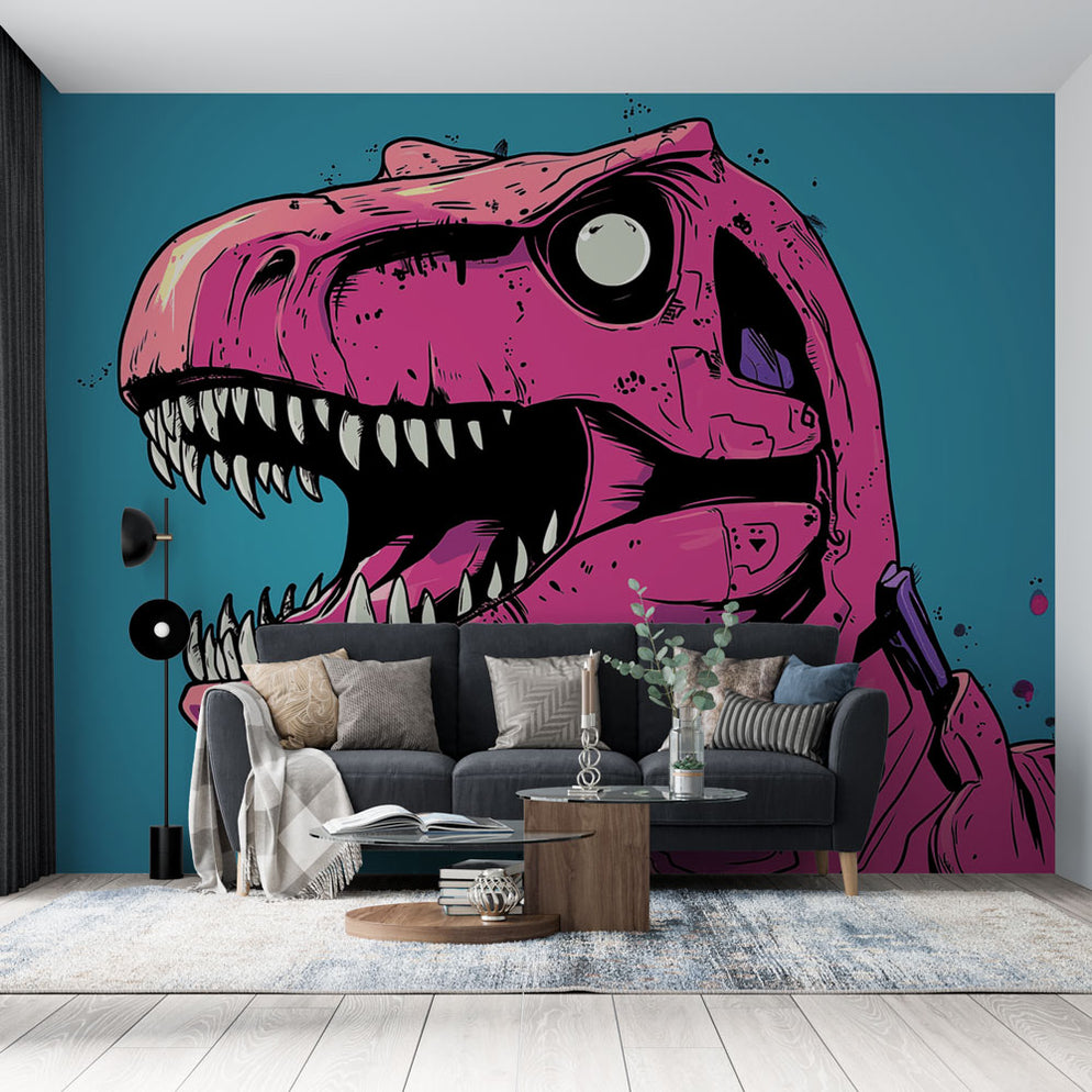 Papier peint dinosaure | Tête de T-Rex rose et colorée — LePapierPeint