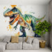 Papier peint dinosaure tyrannosaure coloré avec éclaboussures d'aquarelle pour chambre d'enfant.