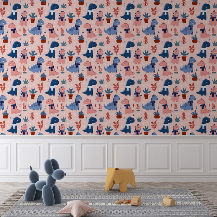 Une chambre d'enfant avec un papier peint ludique représentant des dinosaures colorés et des plantes sur un fond rose, créant une ambiance joyeuse et imaginative.