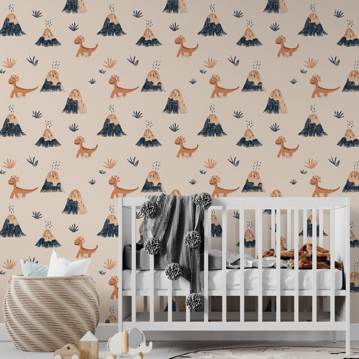 Une chambre d'enfant avec un papier peint ludique représentant des dinosaures et des volcans sur fond beige, créant une ambiance joyeuse et imaginative.