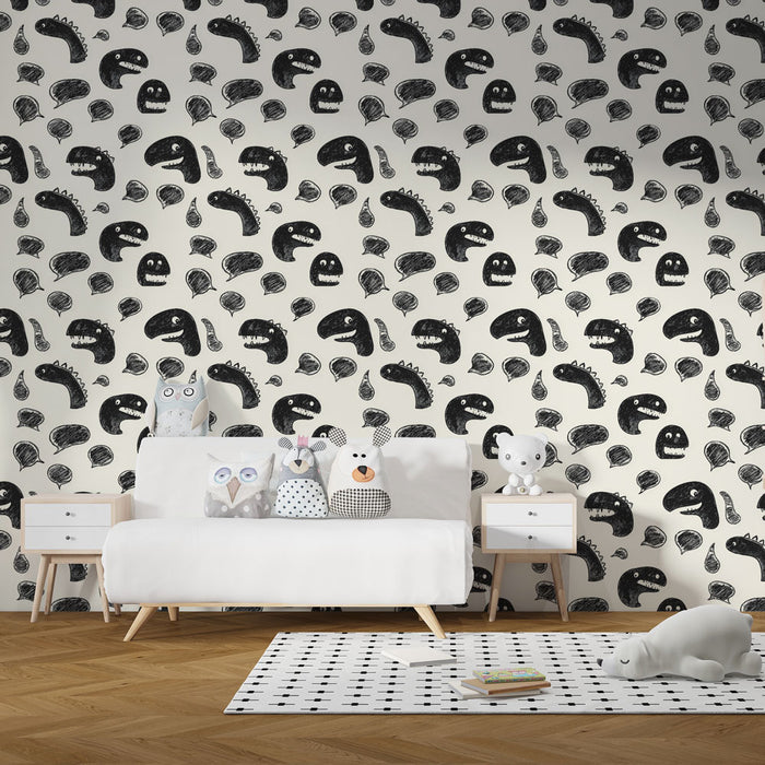 Une chambre enfantine avec un papier peint ludique en noir et blanc représentant des visages de monstres amusants, créant une ambiance joyeuse et imaginative.