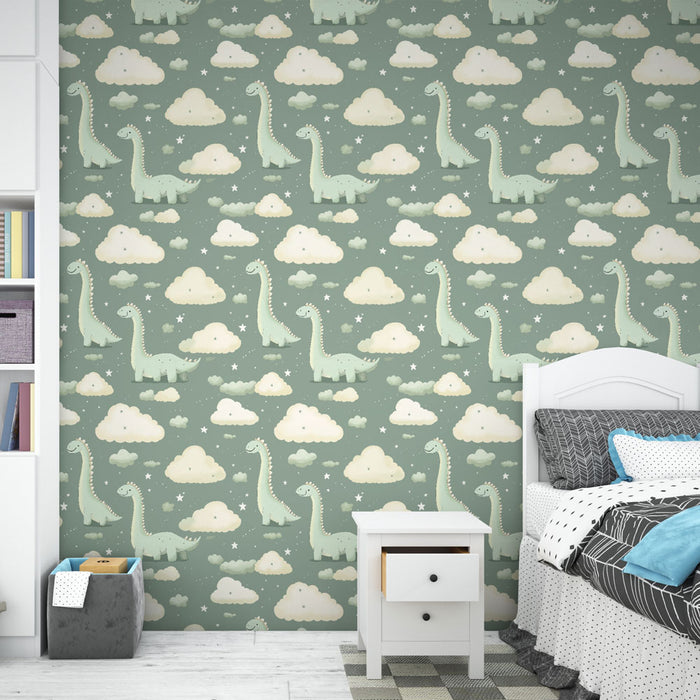 Une chambre d'enfant avec un papier peint ludique représentant des dinosaures verts et des nuages sur un fond bleu-vert, créant une ambiance joyeuse et imaginative.