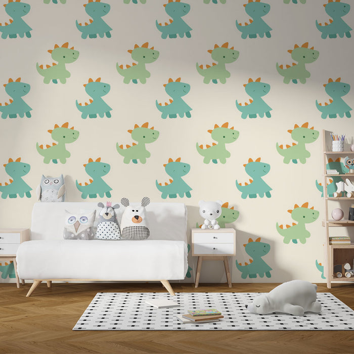 Une chambre d'enfant avec un papier peint ludique représentant des dinosaures verts et orange sur fond clair, créant une atmosphère joyeuse et accueillante.
