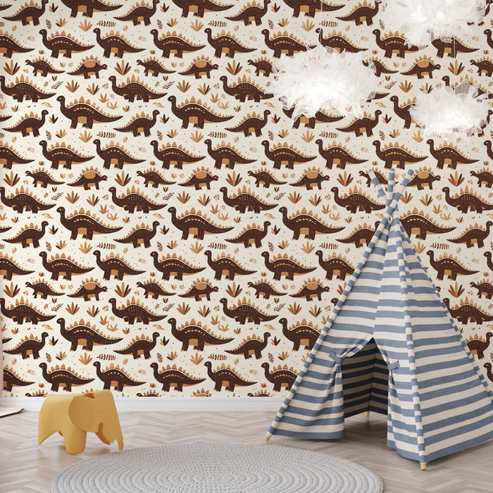 Une chambre d'enfant avec un papier peint illustrant des dinosaures marron sur fond crème, créant une atmosphère ludique et chaleureuse.