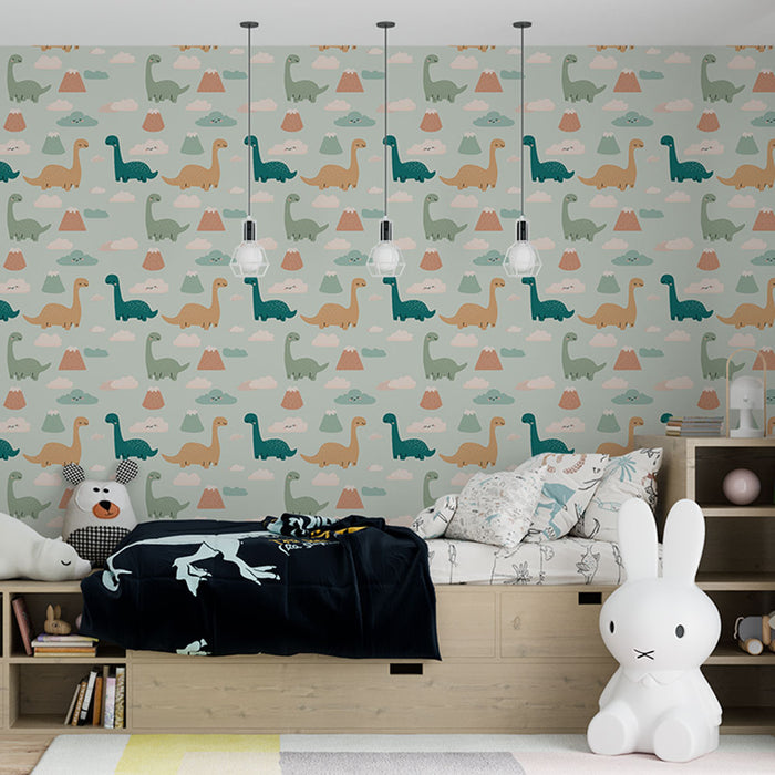 Une chambre d'enfant avec un papier peint ludique représentant des dinosaures colorés sur fond pastel, créant une atmosphère joyeuse et imaginative.