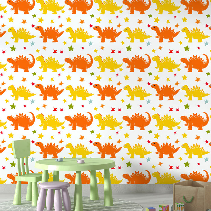 Une chambre d'enfant avec un papier peint ludique représentant des dinosaures colorés sur fond blanc, créant une ambiance joyeuse et dynamique.
