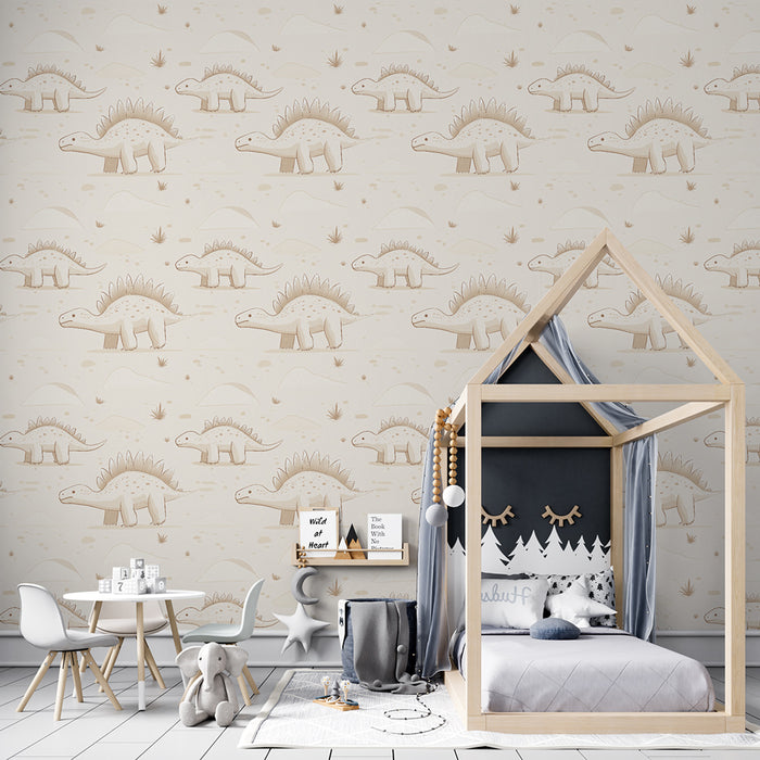 Une chambre d'enfant avec un papier peint illustrant des dinosaures dans des teintes douces, créant une atmosphère ludique et chaleureuse.