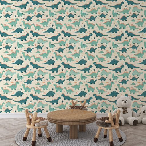 Une chambre d'enfant avec un papier peint ludique représentant des dinosaures colorés sur fond clair, créant une ambiance joyeuse et imaginative.