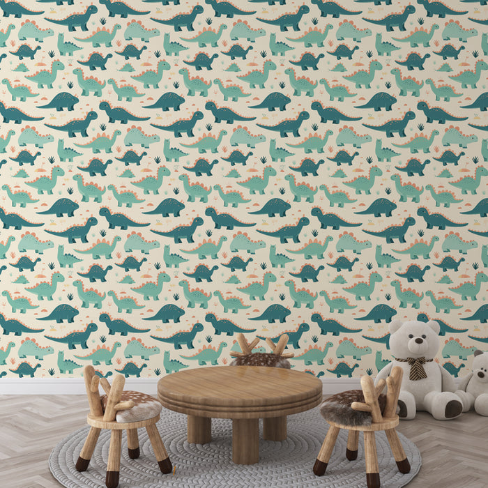 Une chambre d'enfant avec un papier peint ludique représentant des dinosaures colorés sur fond clair, créant une ambiance joyeuse et imaginative.
