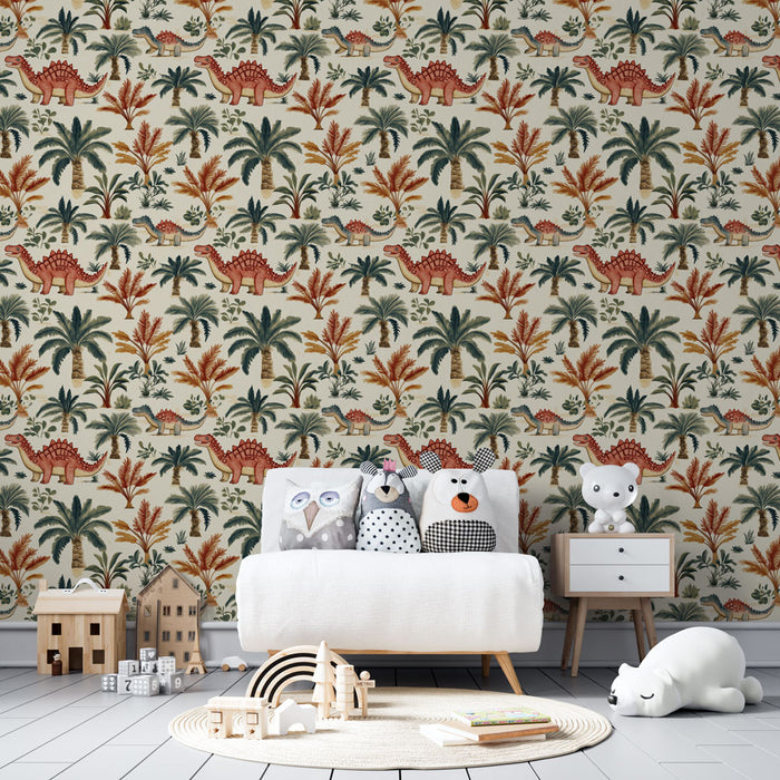 Une chambre d'enfant avec un papier peint ludique représentant des dinosaures colorés et des palmiers sur fond clair, créant une ambiance joyeuse et imaginative.