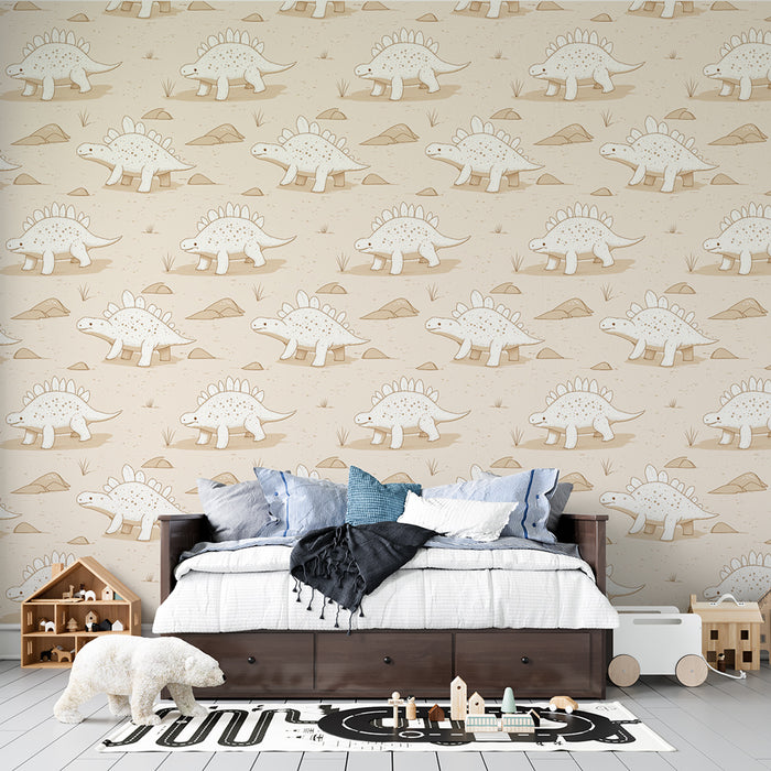 Une chambre d'enfant avec un papier peint illustré de dinosaures stylisés sur fond beige, créant une ambiance ludique et chaleureuse.