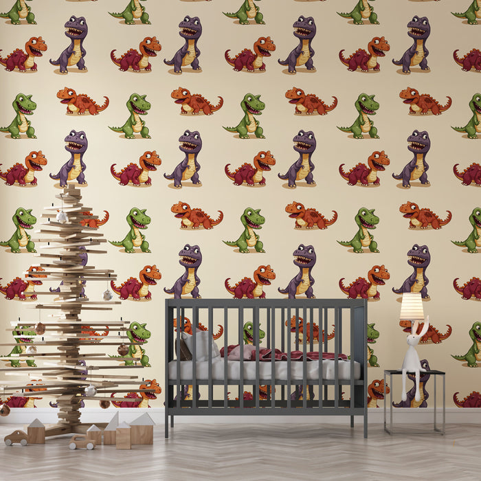 Une chambre d'enfant avec un papier peint ludique représentant des dinosaures colorés sur fond beige, créant une atmosphère joyeuse et amusante.