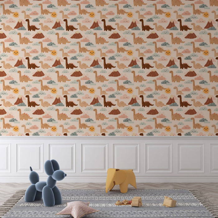 Une chambre d'enfant avec un papier peint ludique représentant des dinosaures, des volcans et des nuages dans des teintes douces de rose, beige et bleu, créant une ambiance joyeuse et imaginative.