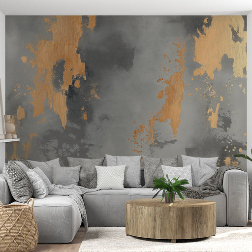 Papier peint design abstrait doré et gris avec touches métalliques pour salon moderne