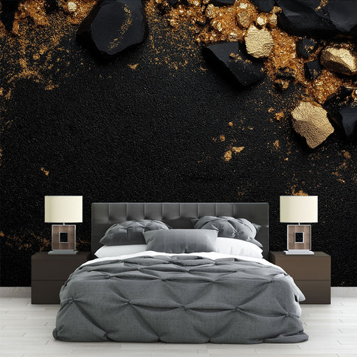 Papier peint doré et noir avec éclats dorés sur fond texturé pour chambre moderne